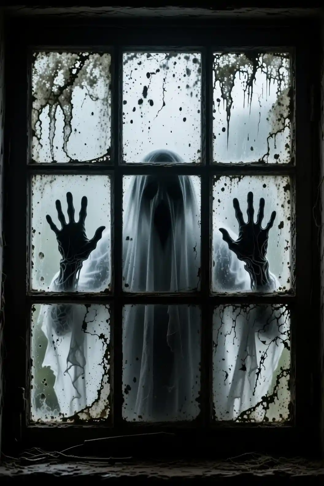 Ghostly hands pressed against a grimy six panel window