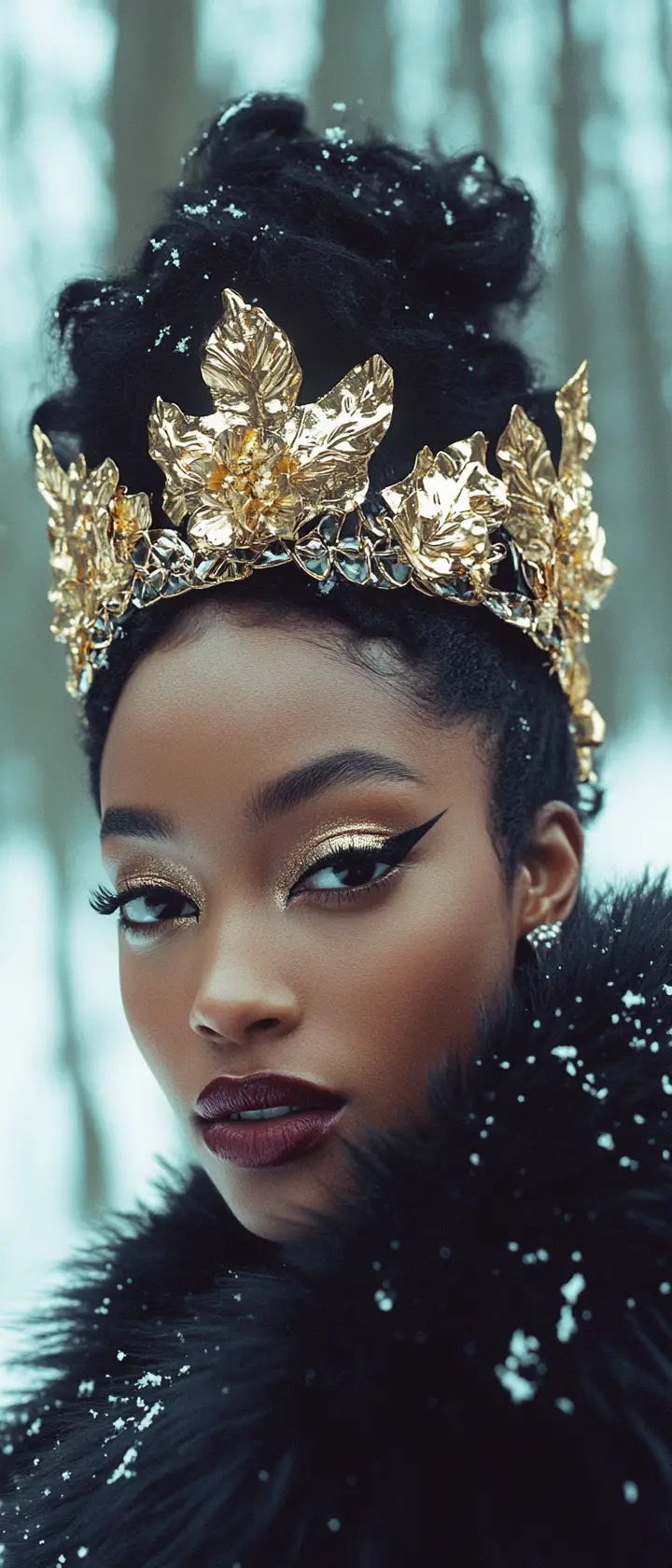 Black winter goddess fashion portrait in frozen forest