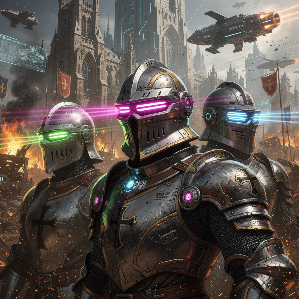 Medieval crusader knights with futuristic glowing visors