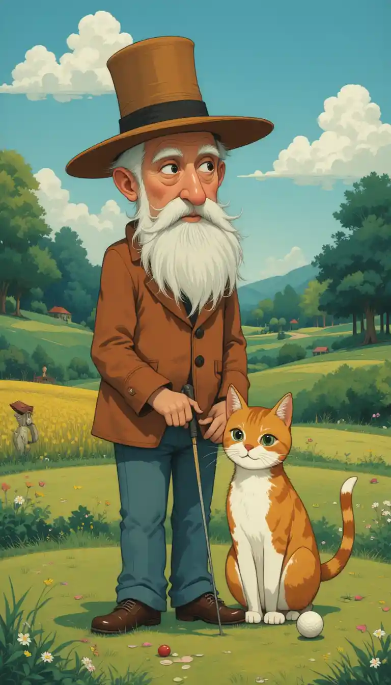 Anziano e gatto giocherellone che giocano a golf in illustrazione flat