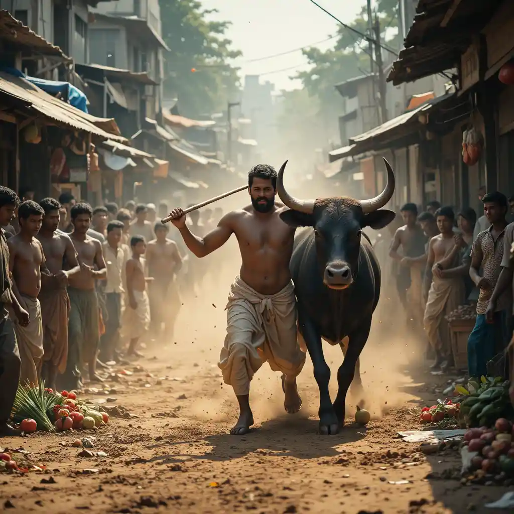 Village man faces charging bull in dusty market street