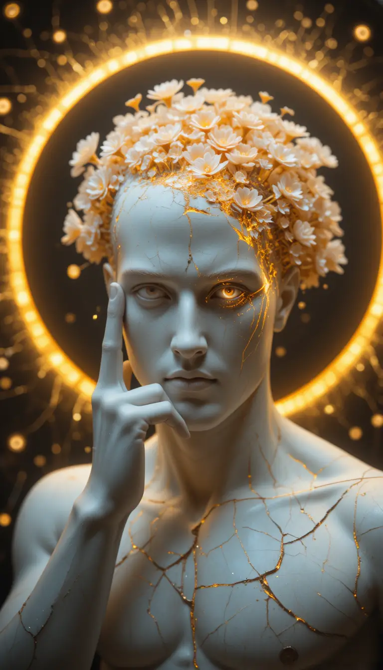Cracked porcelain thinker bust glowing with fire and flowers
