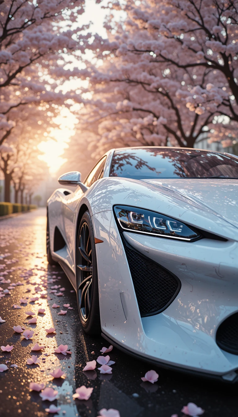 Futuristic white supercar under cherry blossoms at sunset