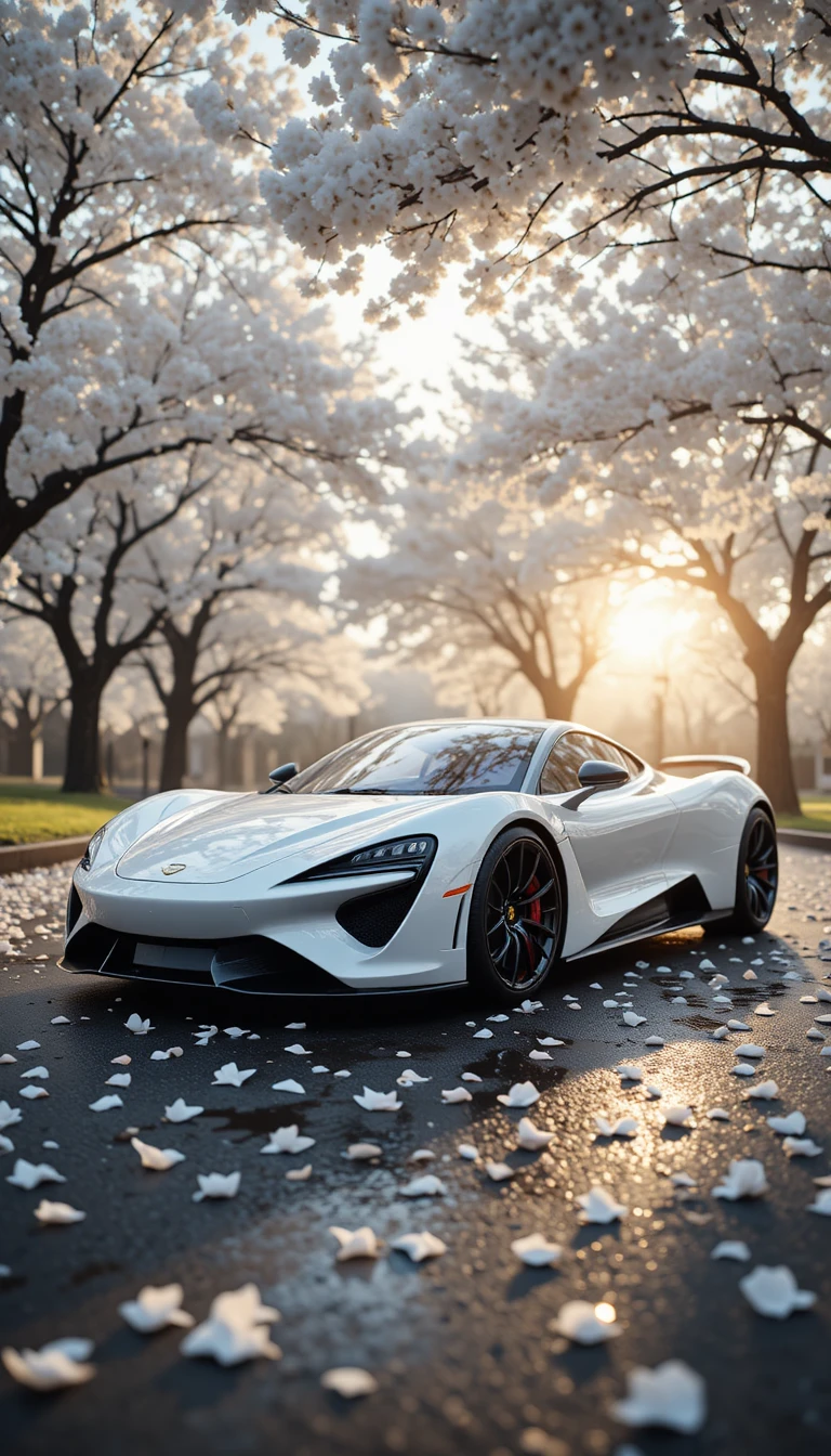 Supercarro branco sob flores de cerejeira em rua molhada ao pôr do sol