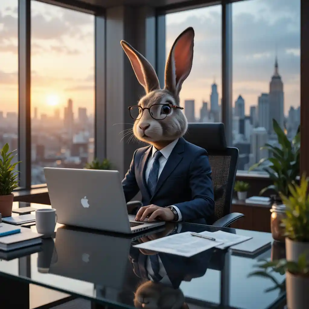 Anthropomorpher Hasen-Manager an modernem Büro-Schreibtisch