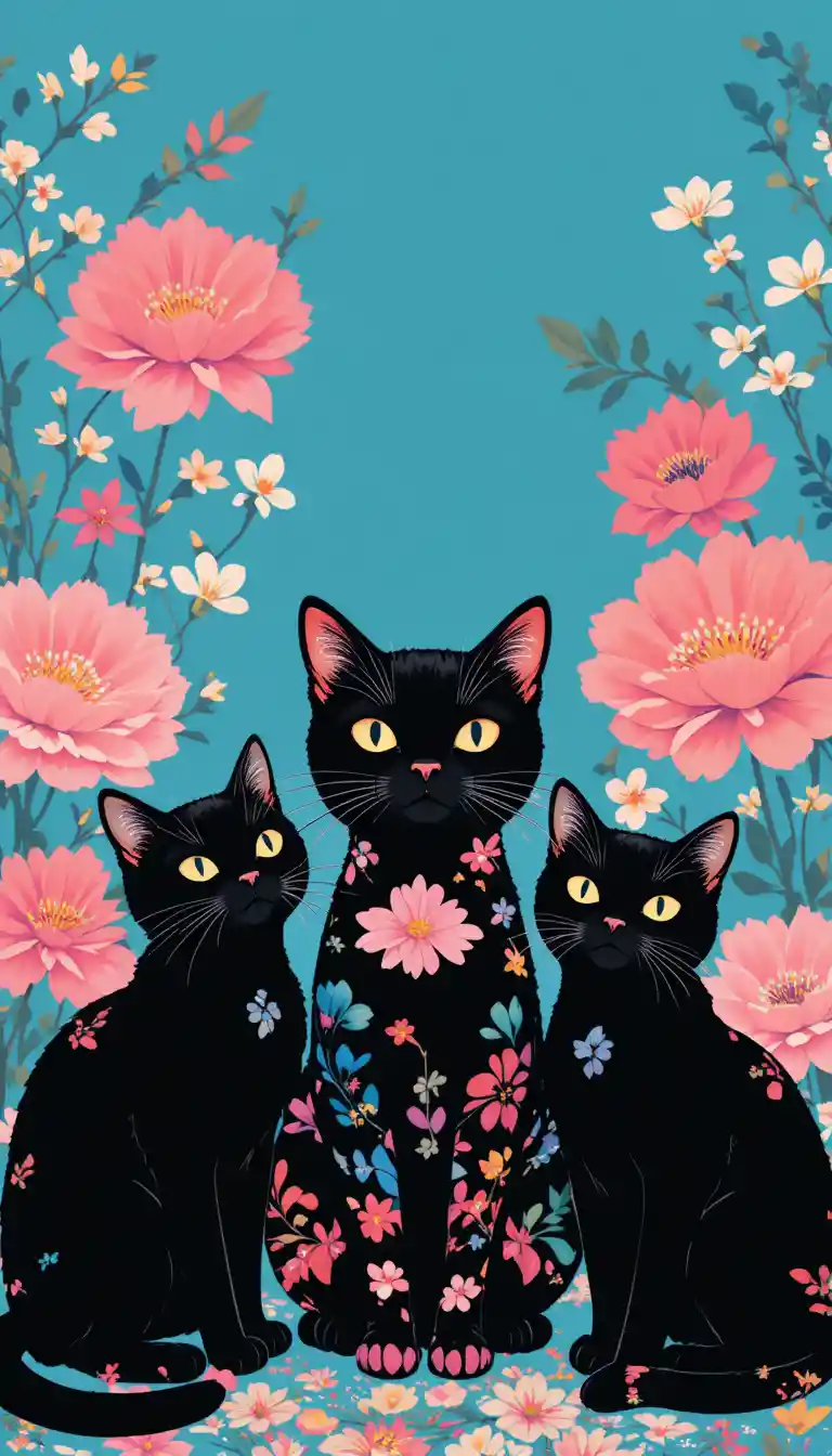 Tre gatti neri con motivi su sfondo floreale blu