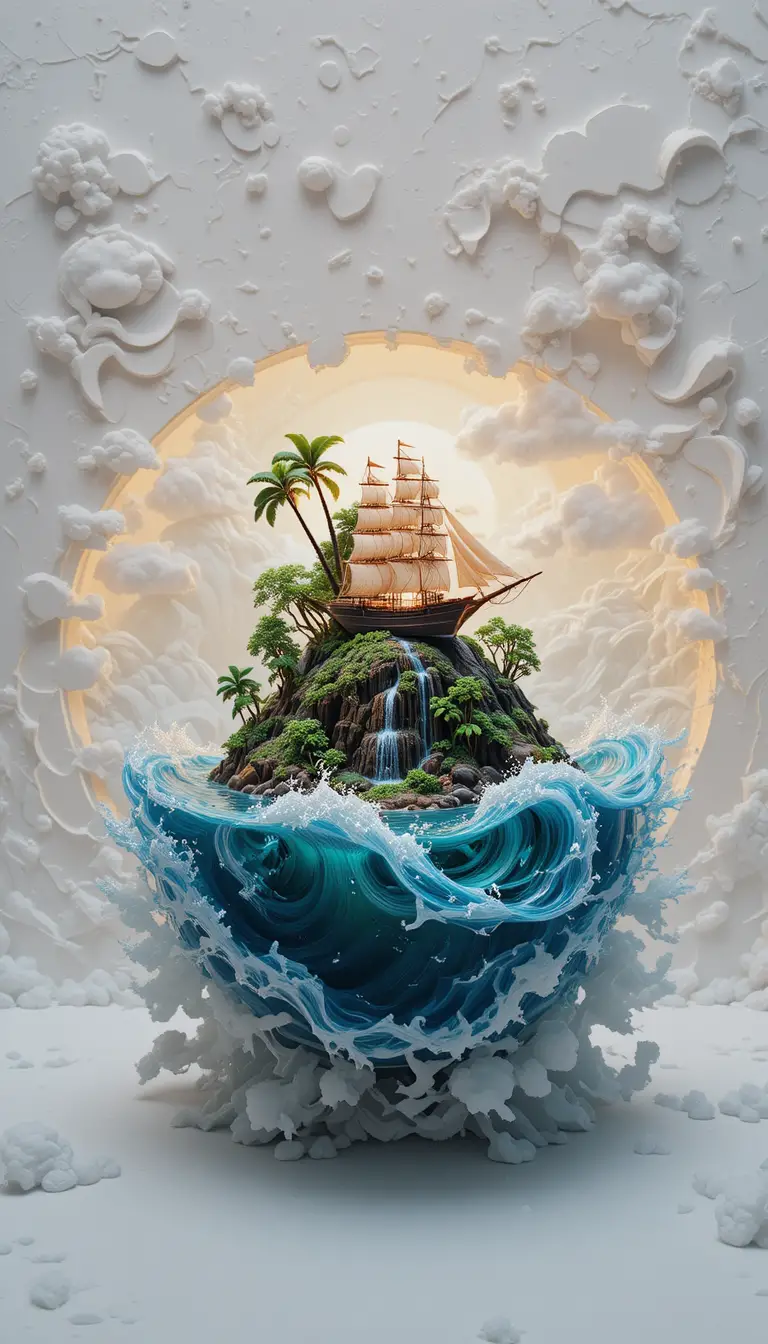 Ilha tropical fantástica surgindo de meia melancia