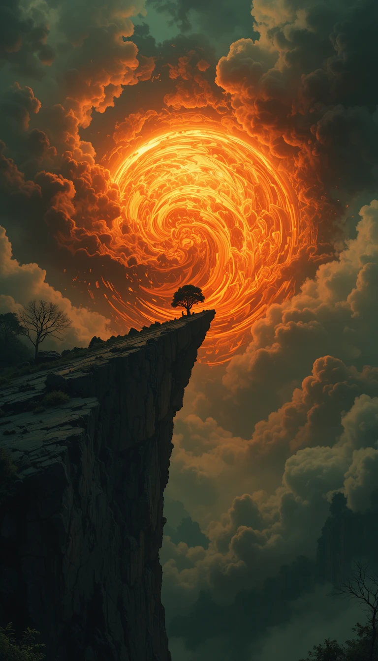 Feurige Sonne über Klippe unter wirbelnden dramatischen Wolken
