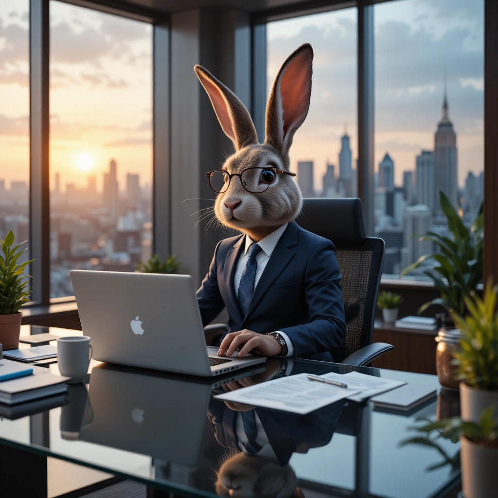 Anthropomorphic Rabbit Executive Working At Modern Office Desk
