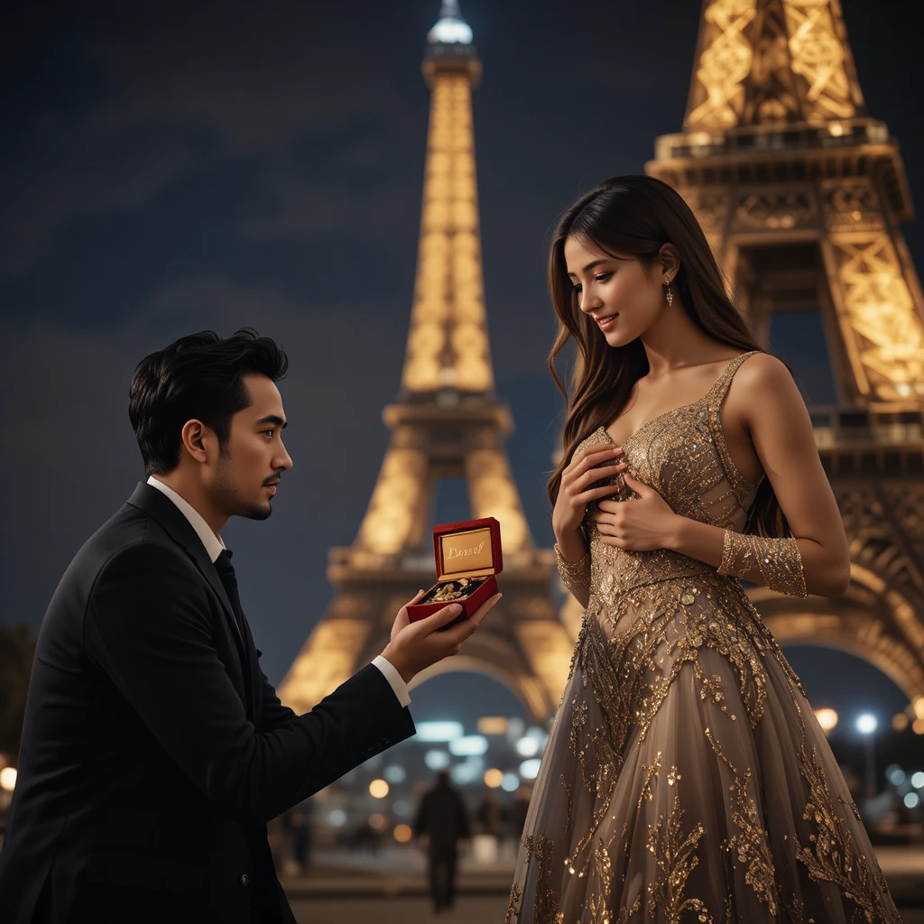 Romantic proposal couple by the Eiffel Tower at night