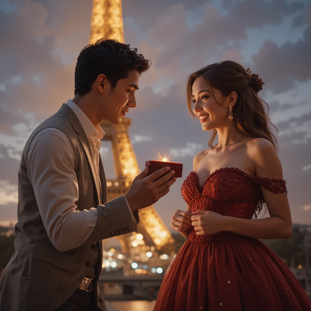 Romantic proposal couple at night by glowing Eiffel Tower