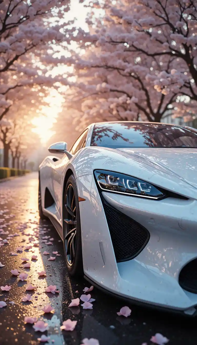 Supercar blanche futuriste sous des cerisiers en fleurs au coucher du soleil