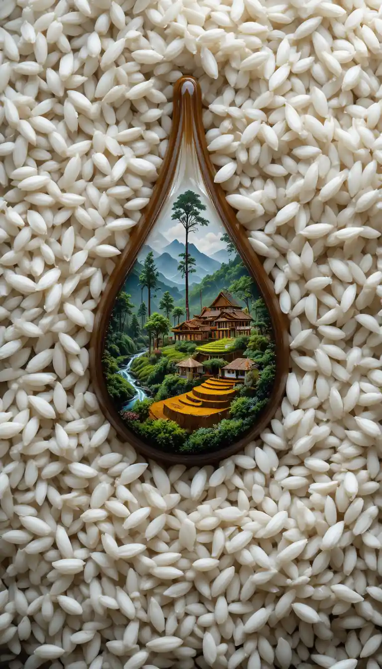 Goccia di salsa di soia in macro che rivela un paesaggio in miniatura di risaie terrazzate