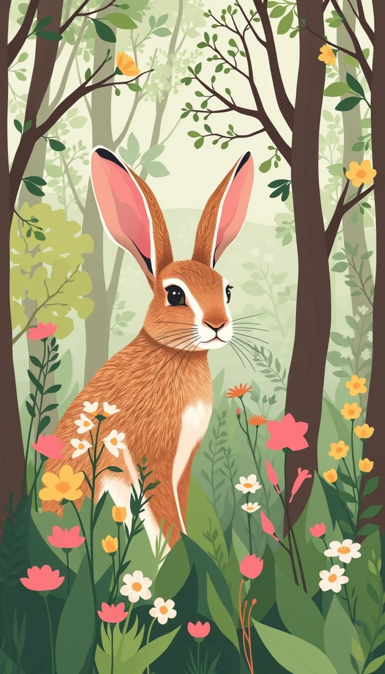 Ilustração plana de floresta com um coelho de jardineira