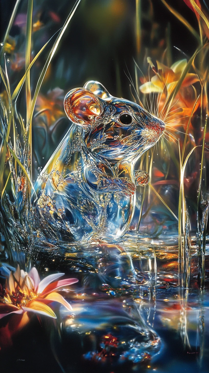 Surreal water mouse formed from dewdrops in tall grass