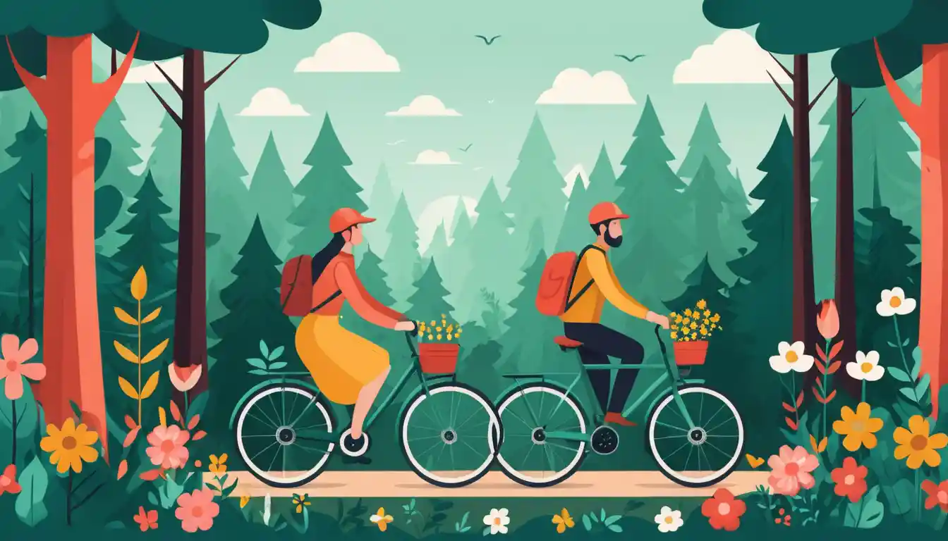 Cyclists riding through a flat design forest with wildflowers