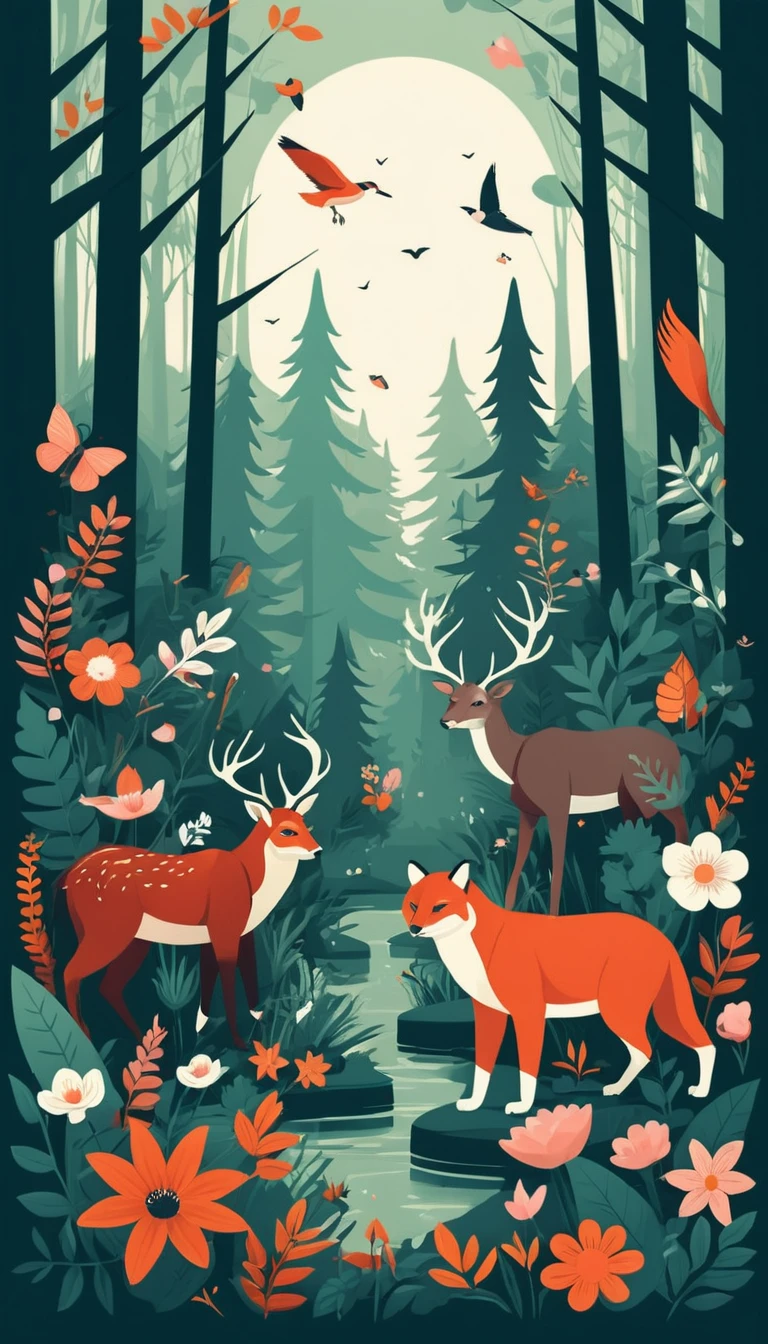 フラットデザインの野花と野生動物がいる森林イラスト