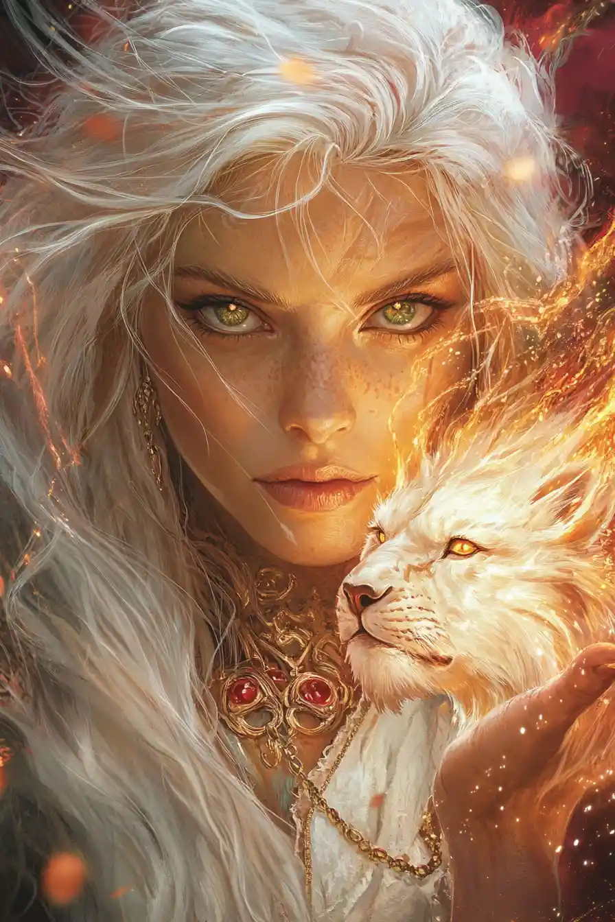 Powerful mage summoning a lion of white and orange flame