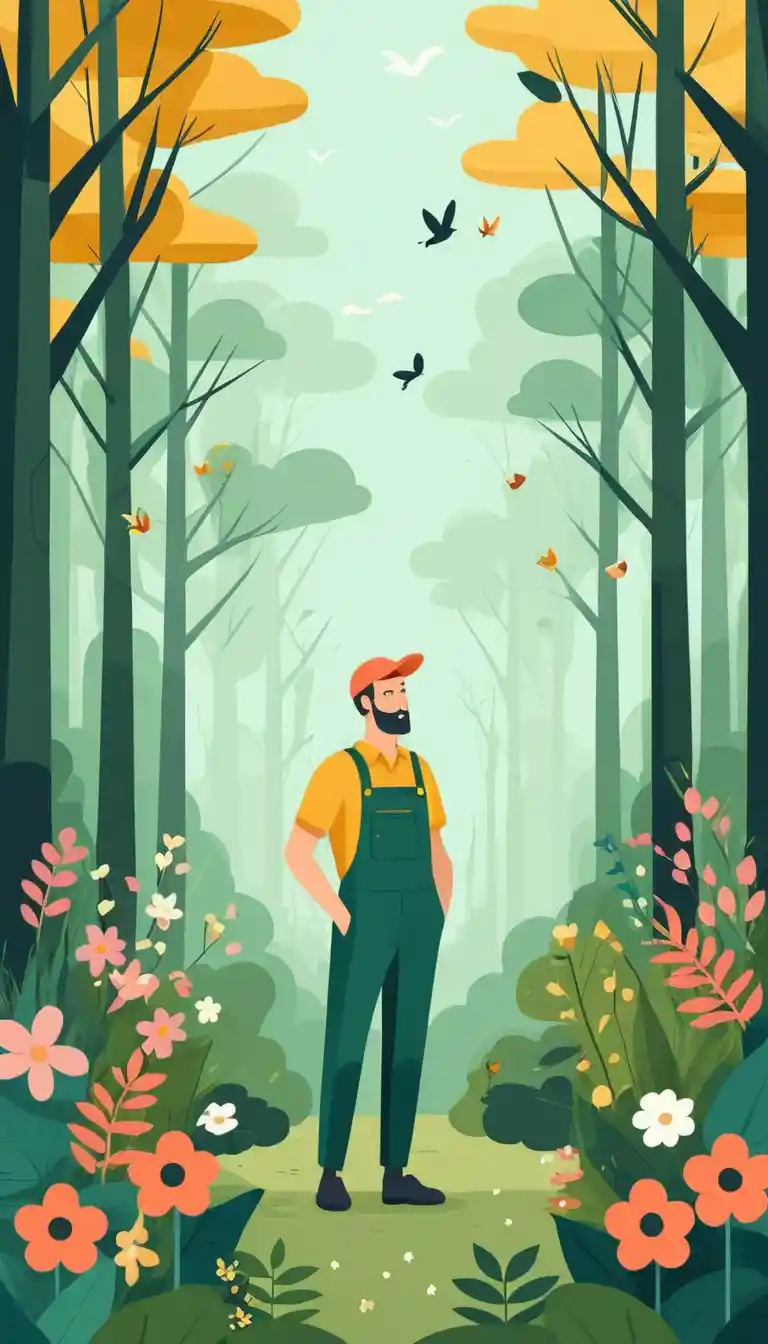 Écureuil en salopette dans une forêt de fleurs sauvages en flat design