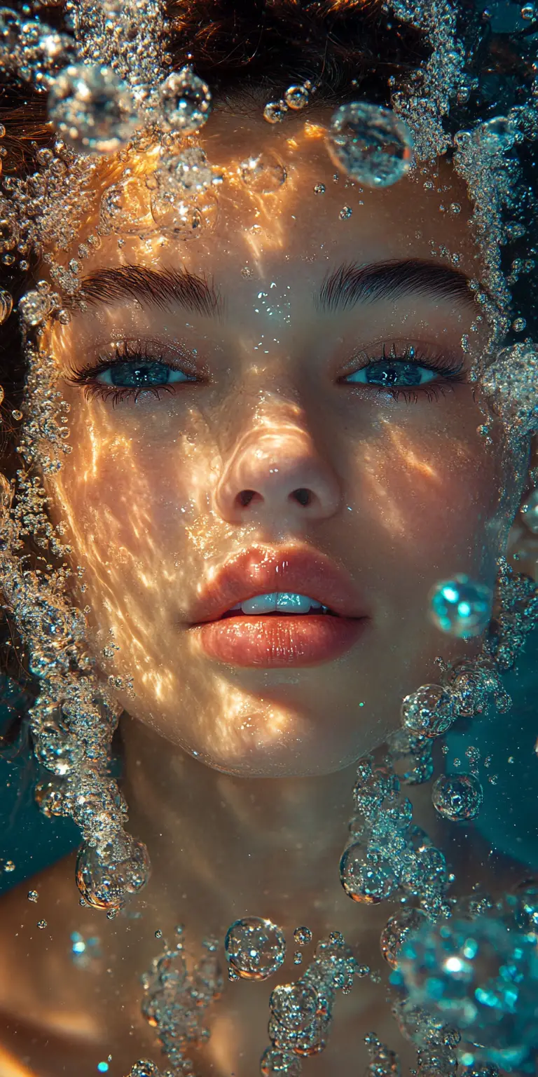 Dreamy multidimensional beauty with bright eyes and champagne bubbles