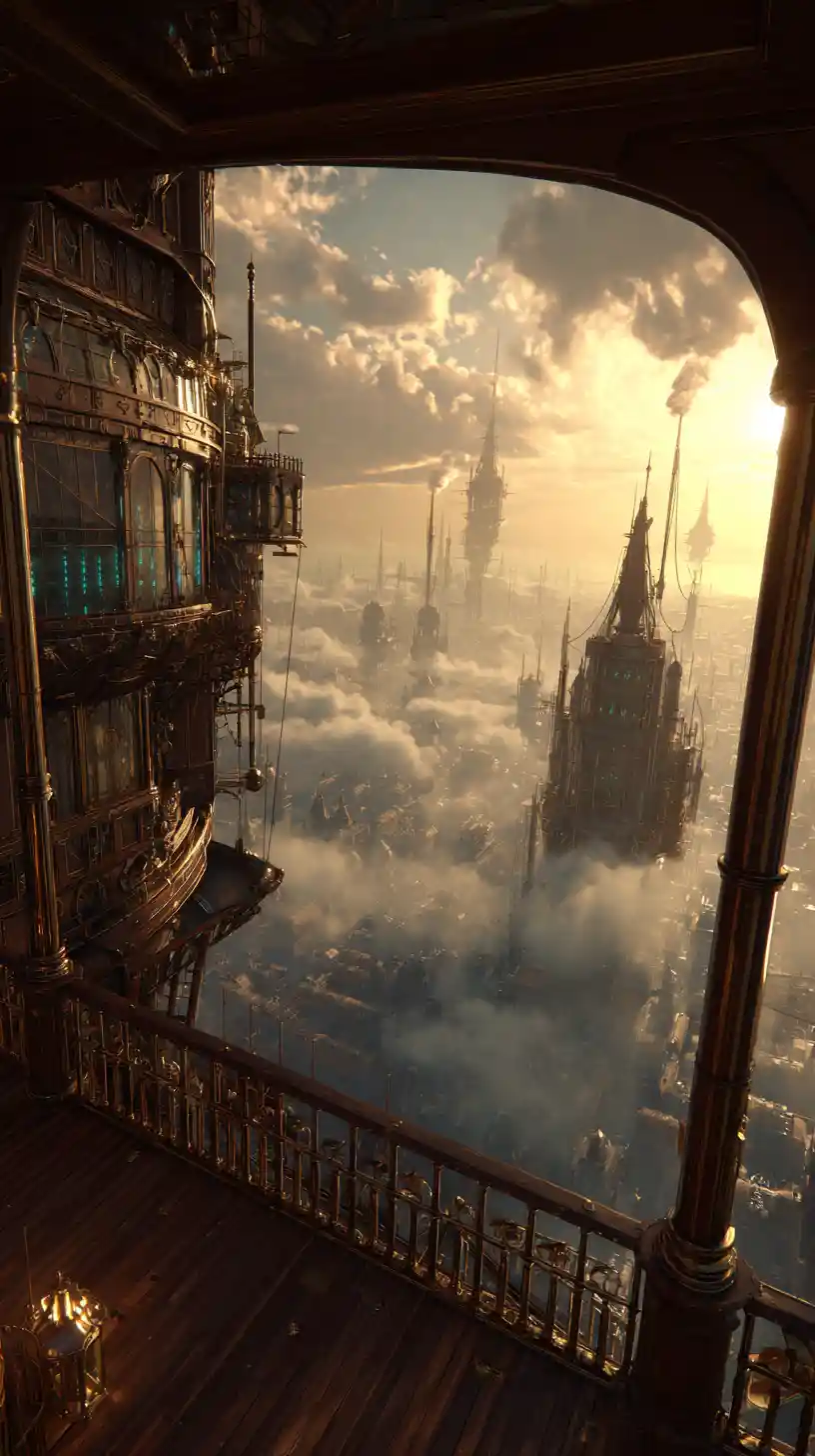Dirigible steampunk sobrevolando una imponente ciudad de latón y madera