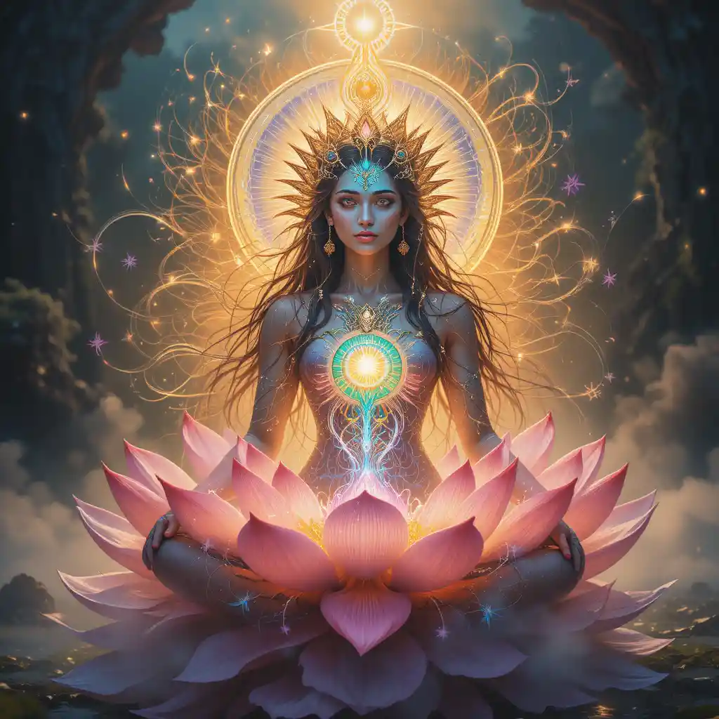 Mystical deva merging with a radiant crown chakra lotus