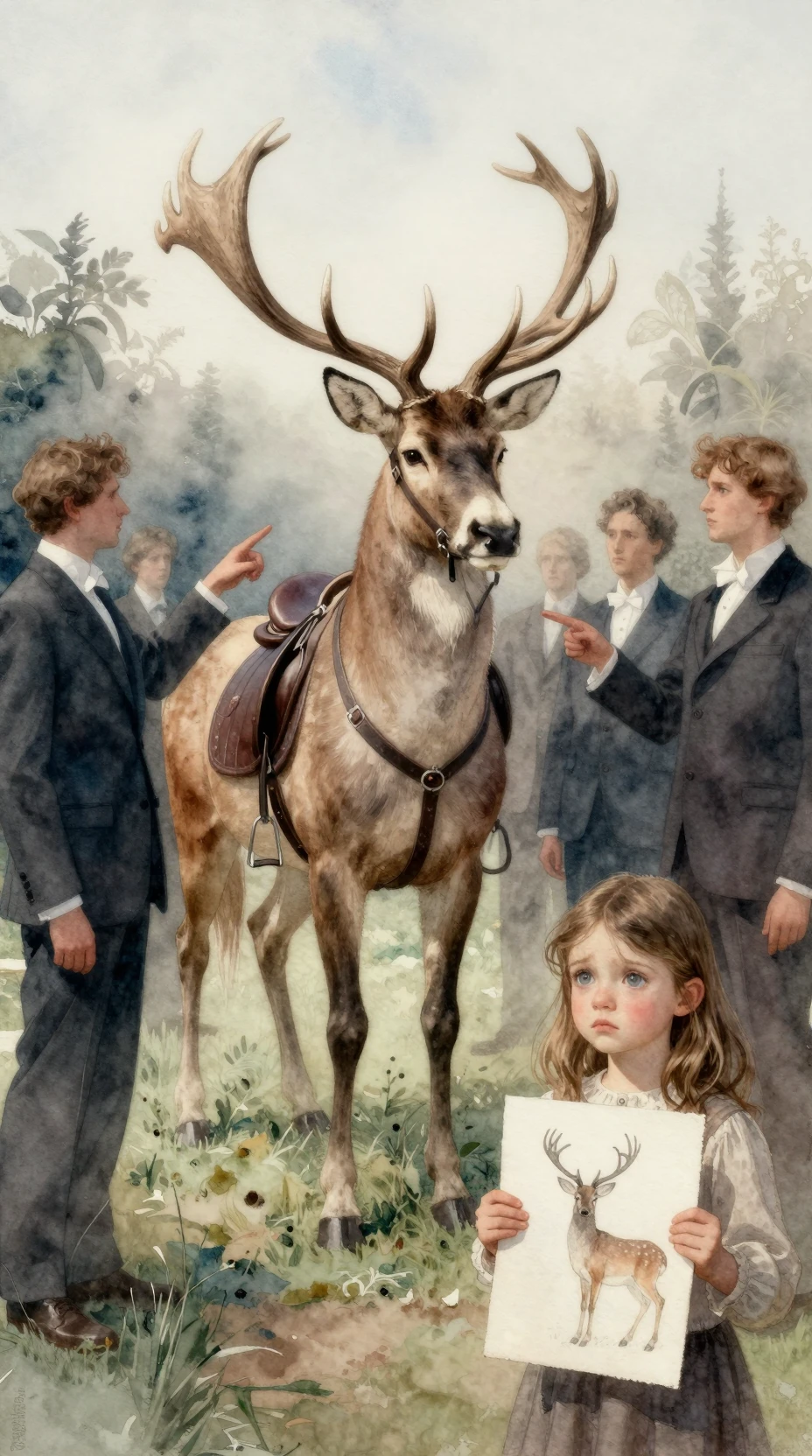 Cervo surreal em aquarela selado como cavalo em jardim enevoado