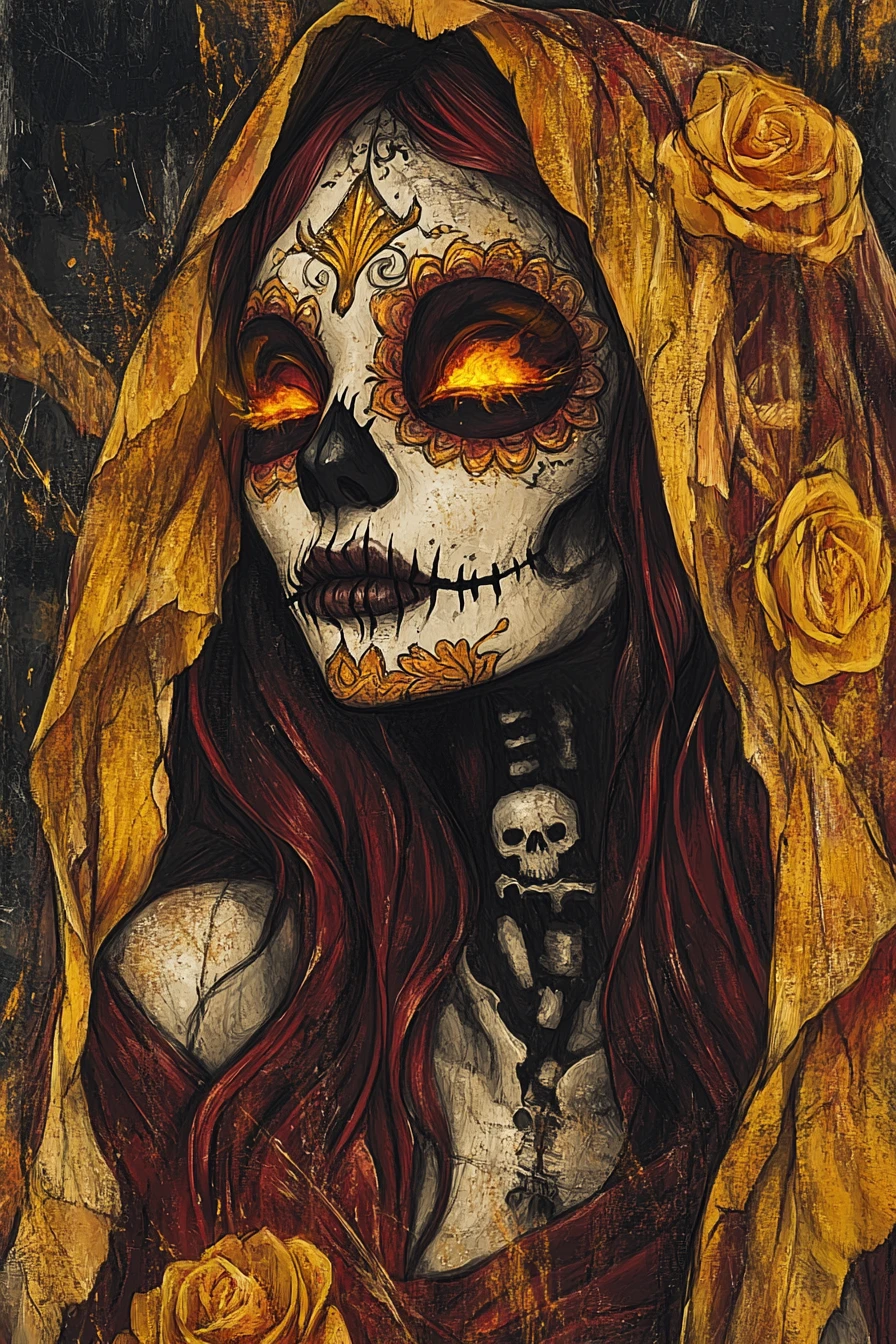 Hellish sugar skull woman with burning veil and roses