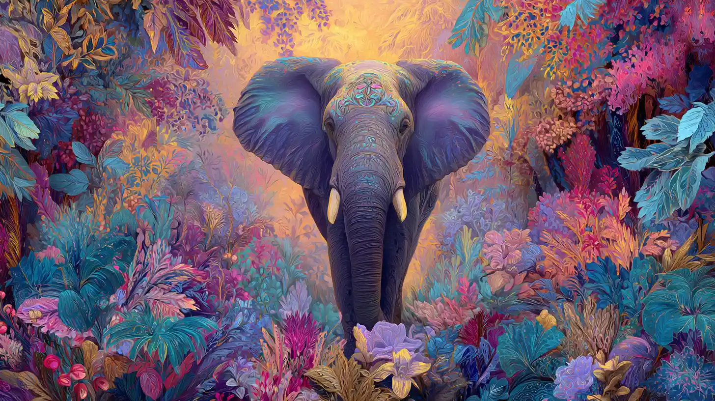 Elefante in una savana lussureggiante, colorata e da sogno