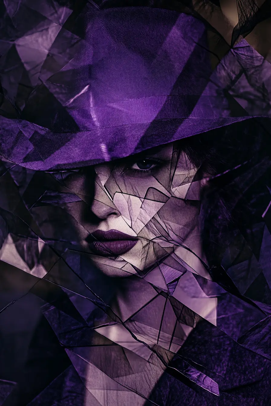 Portrait cubiste d’une femme mystérieuse portant un fedora violet