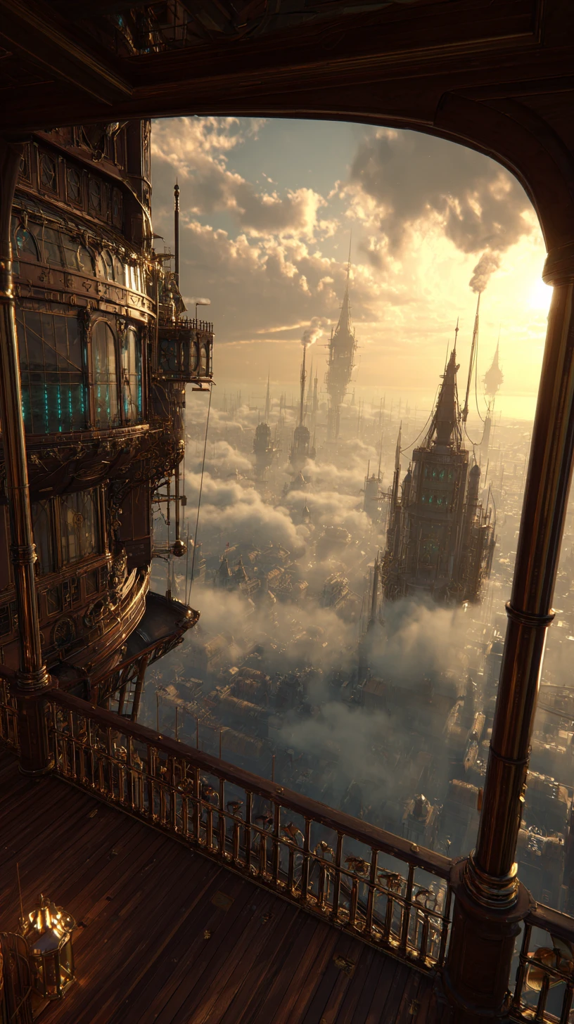 Dirigibile steampunk che domina una svettante città di ottone e legno