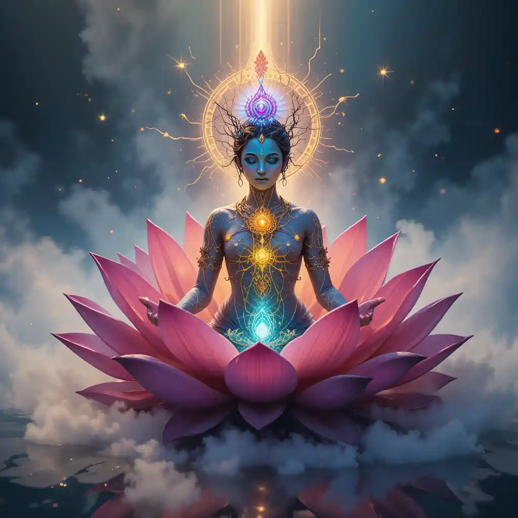 Lótus do chakra coronário brilhante com sete pétalas radiantes