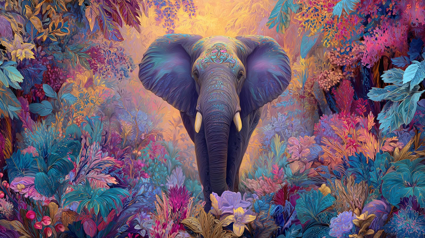 Elefante in una savana lussureggiante, colorata e da sogno