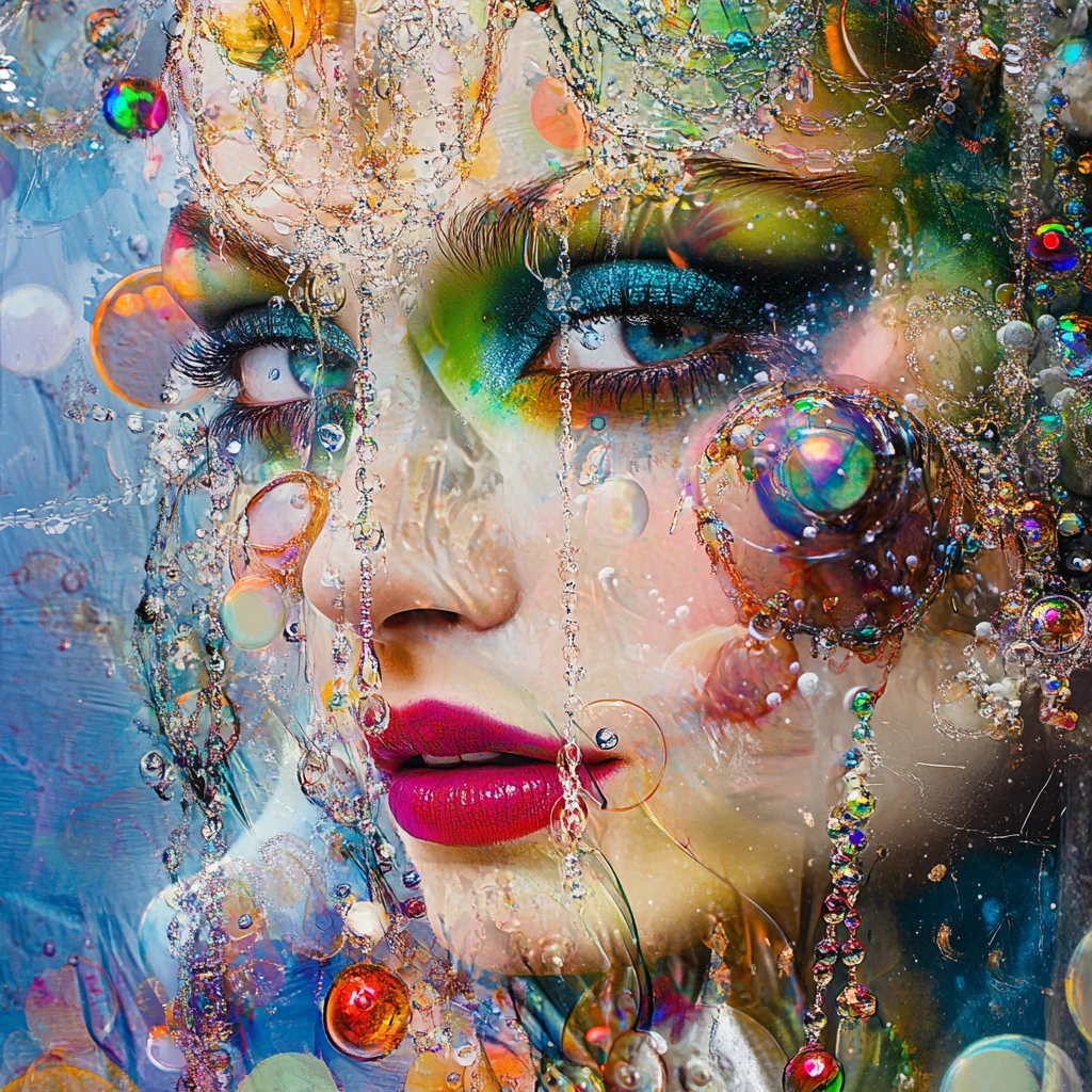 Femme joyeuse aux yeux brillants dans un monde de fantasy surréaliste