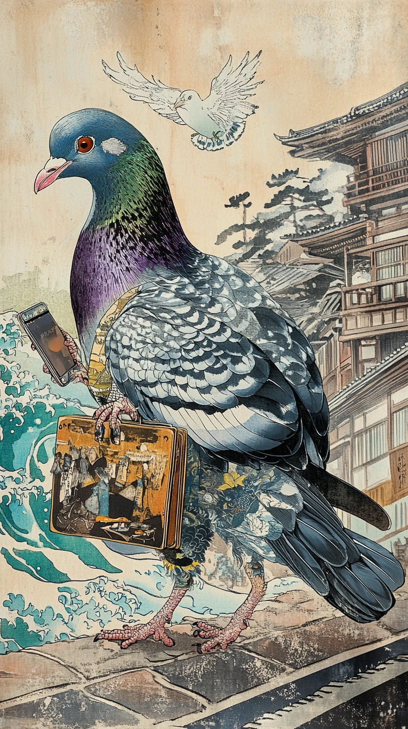 Pombo lúdico em estilo ukiyo-e passeando pelas antigas ruas de Edo