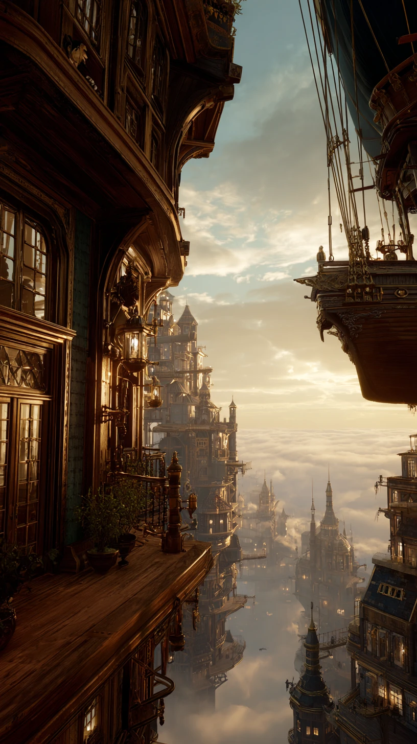 Majestuosa metrópolis steampunk vista desde un dirigible en pleno vuelo