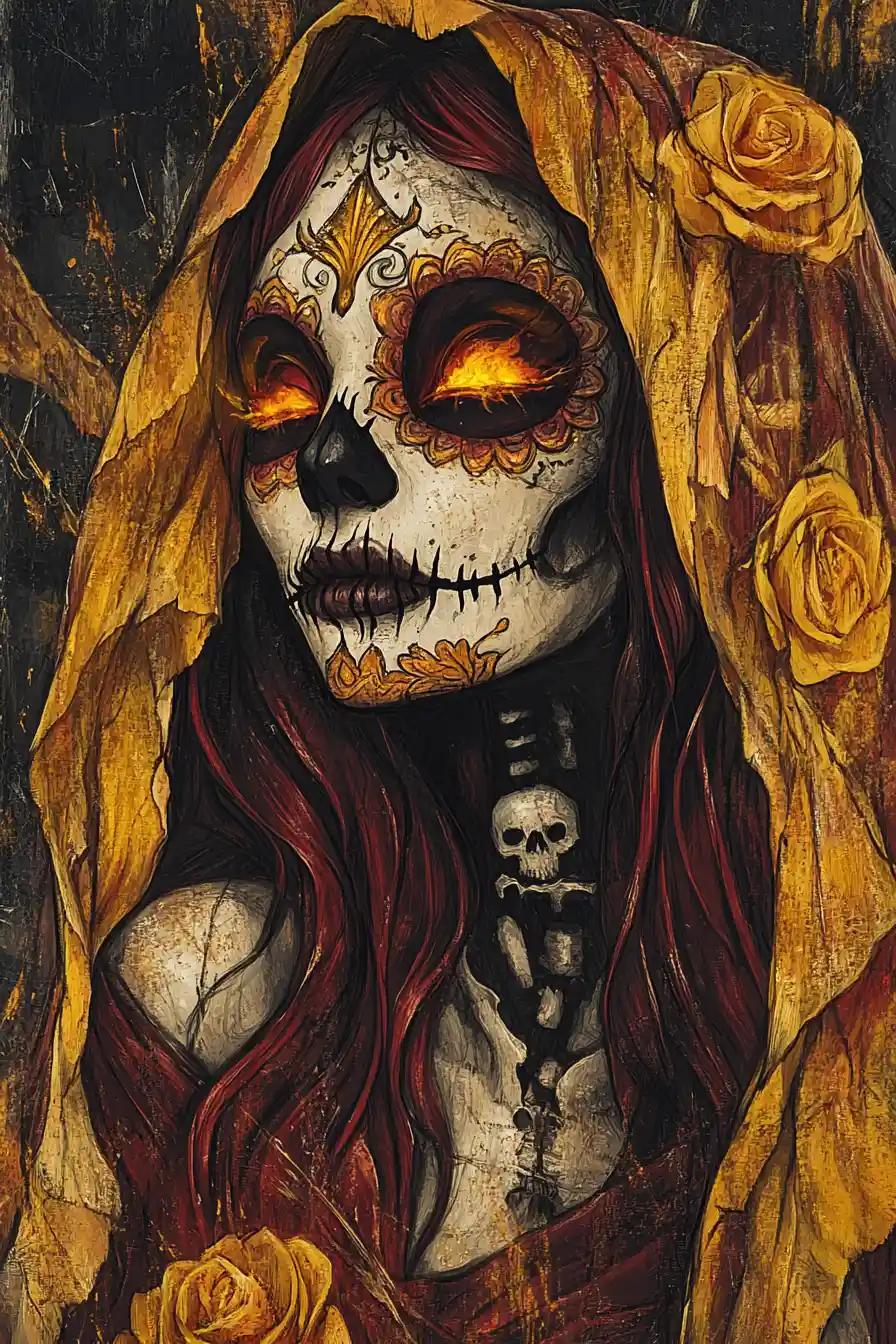 Hellish sugar skull woman with burning veil and roses