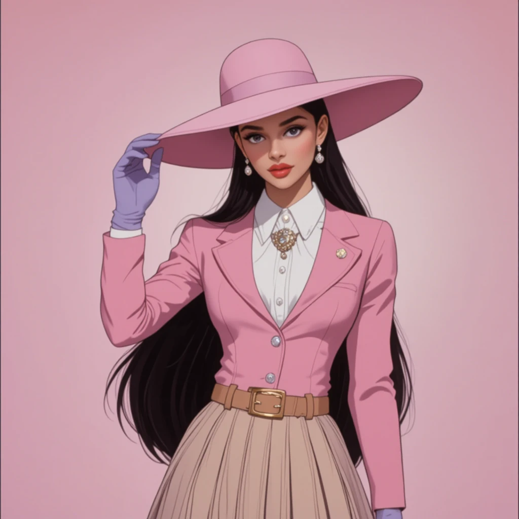 Mujer elegante con sombrero y blazer rosa sobre fondo suave