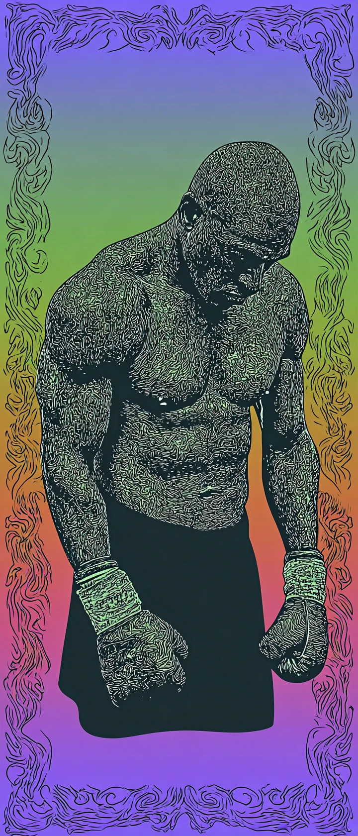 Pintura digital gritty de un boxeador con pose muscular tensa