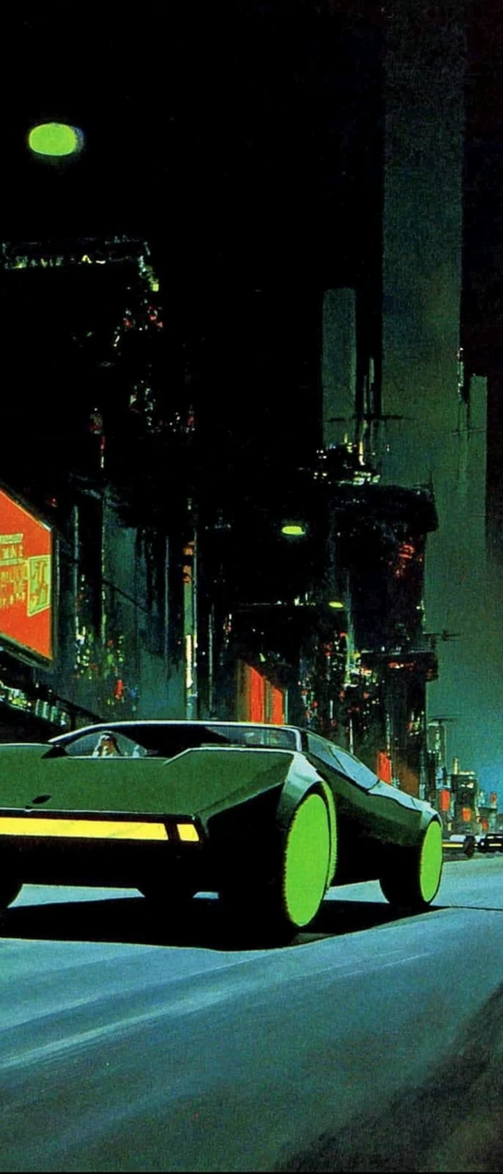 Carro futurista de néon correndo por uma cidade noturna distópica