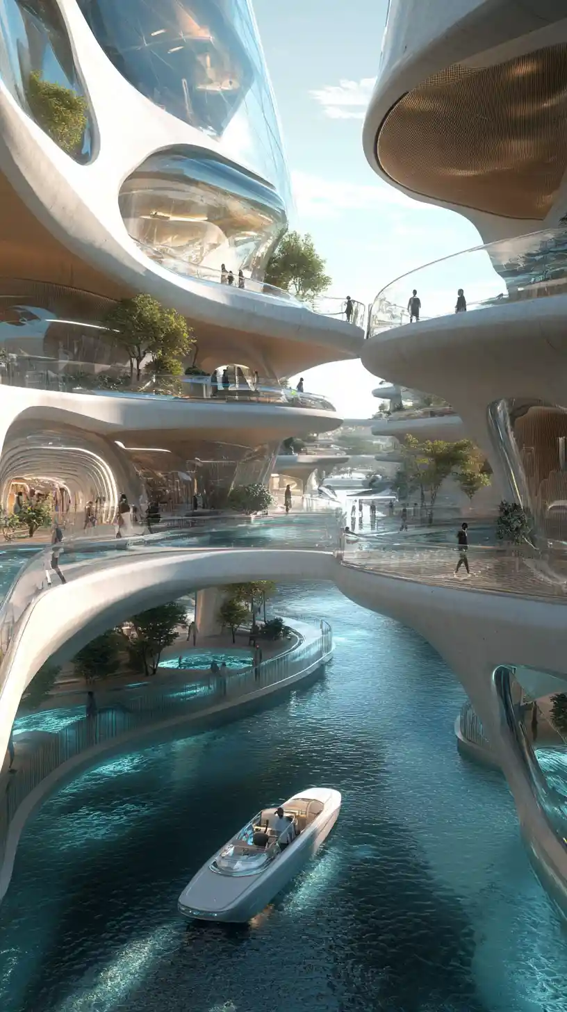 Futuristic coastal cultural center with canals and glass floors