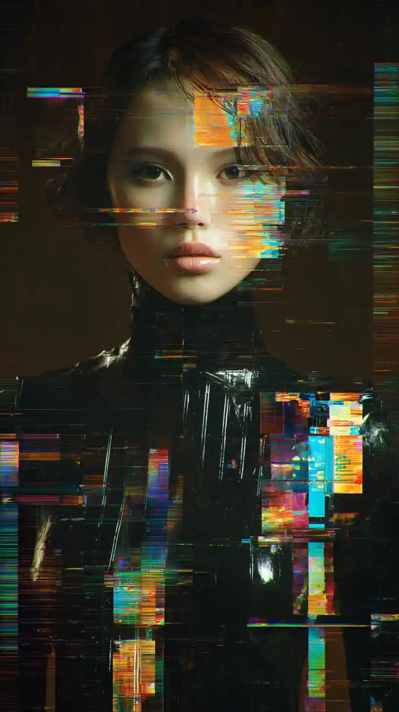 Donna futuristica che si dissolve in vividi pixel di glitch digitale