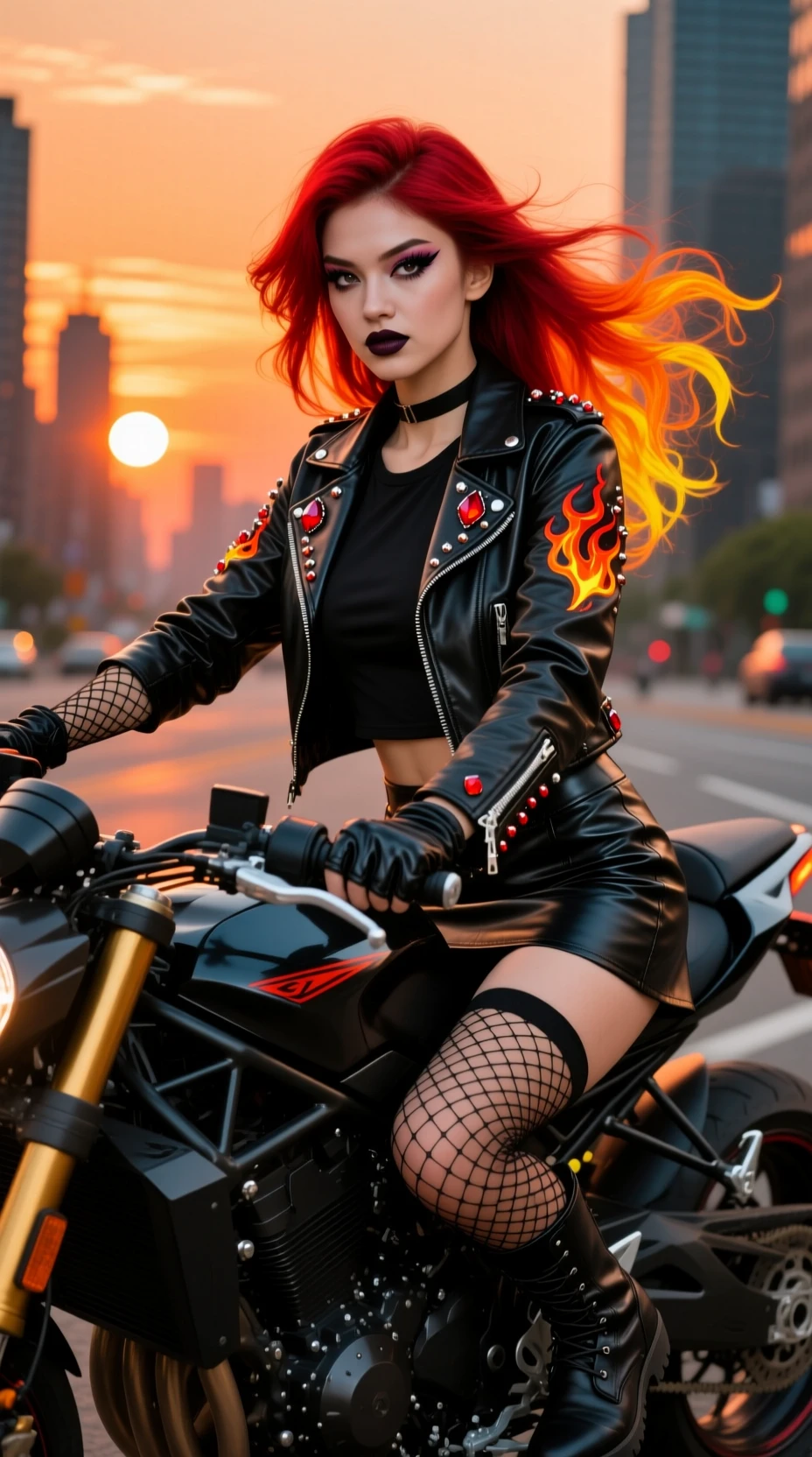 Motociclista ruiva cruzando a cidade ao pôr do sol