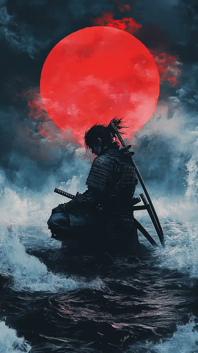 Samurai solitário ajoelhado diante de um oceano tempestuoso e sol vermelho