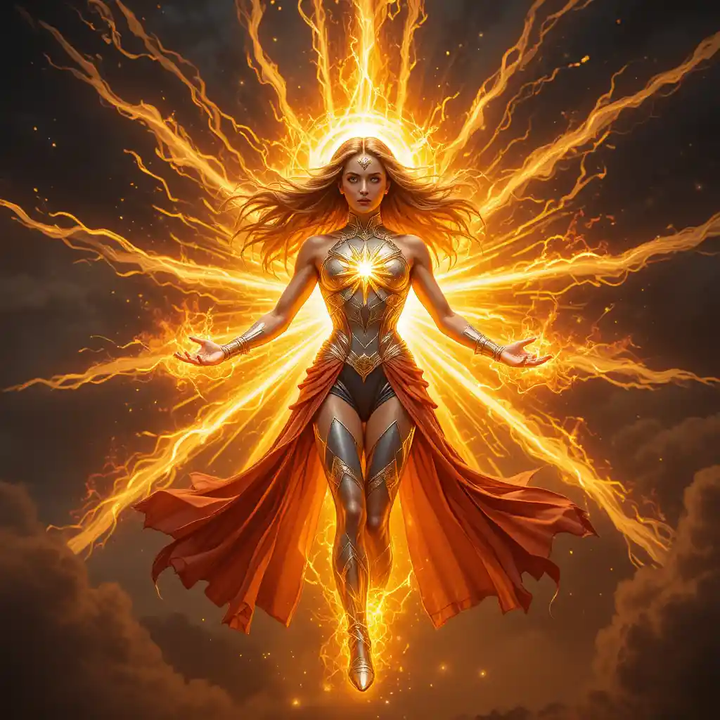 Solar empowered goddess in a dramatic heroic pose