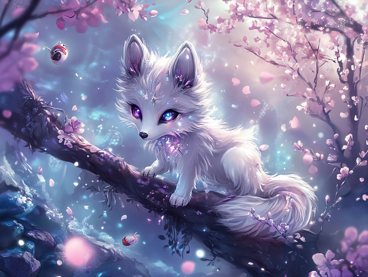 Lobo chibi em galho luminoso de flor de cerejeira no céu em tons pastel