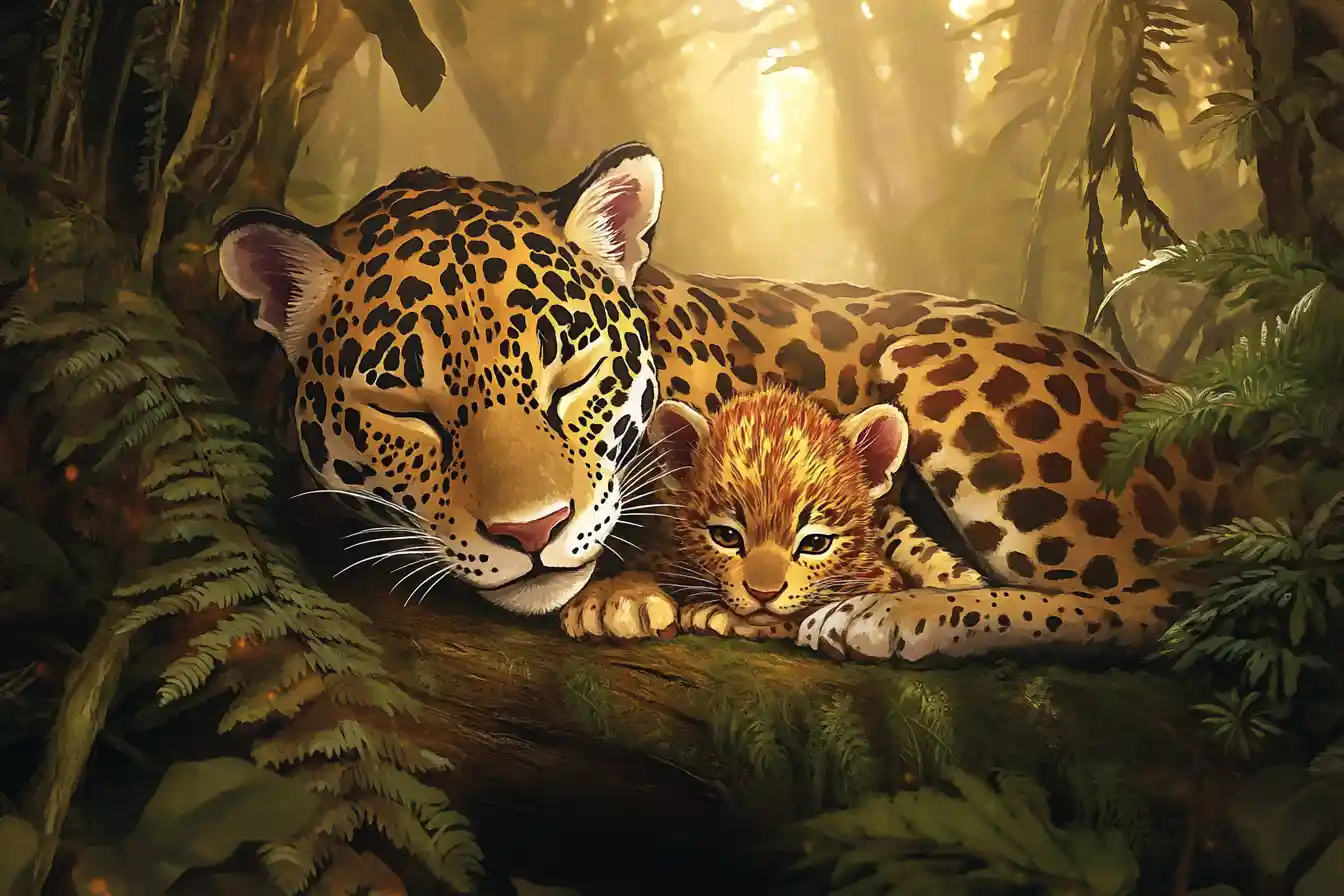 Mãe onça-pintada abraçando filhote recém-nascido em floresta tropical com neblina em aquarela