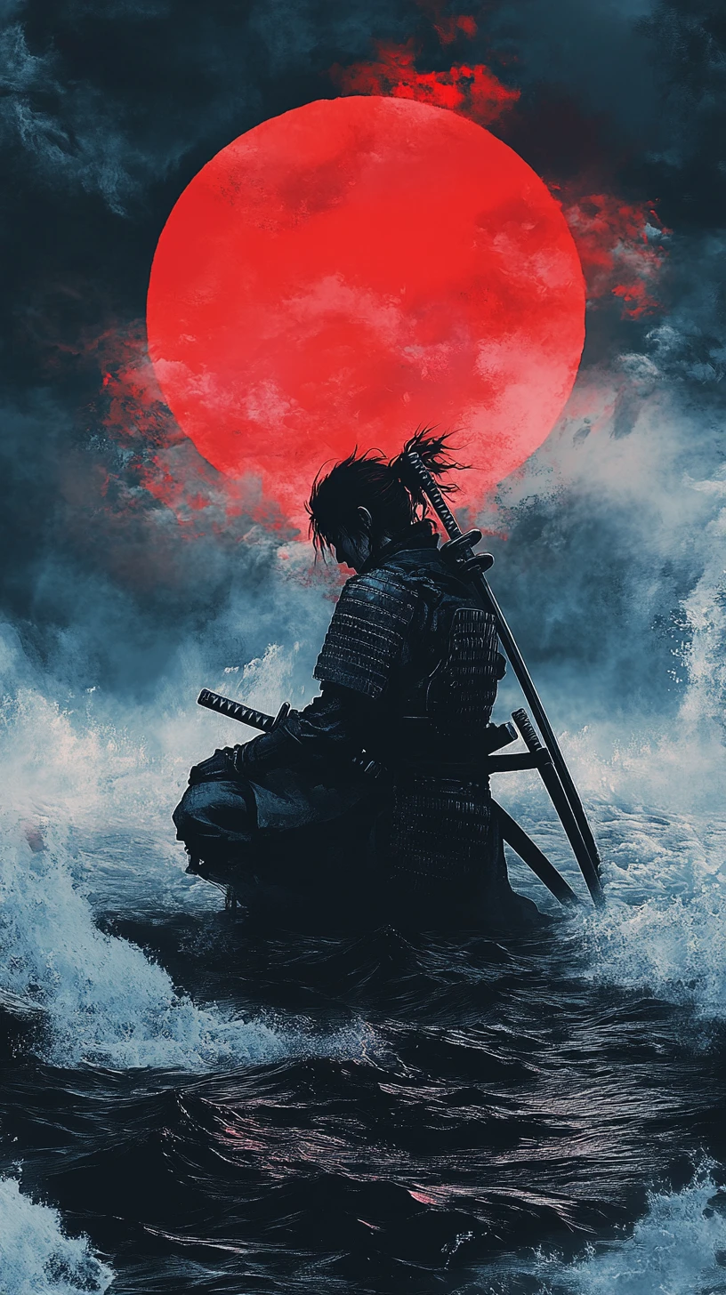 Samurai solitário ajoelhado diante de um oceano tempestuoso e sol vermelho