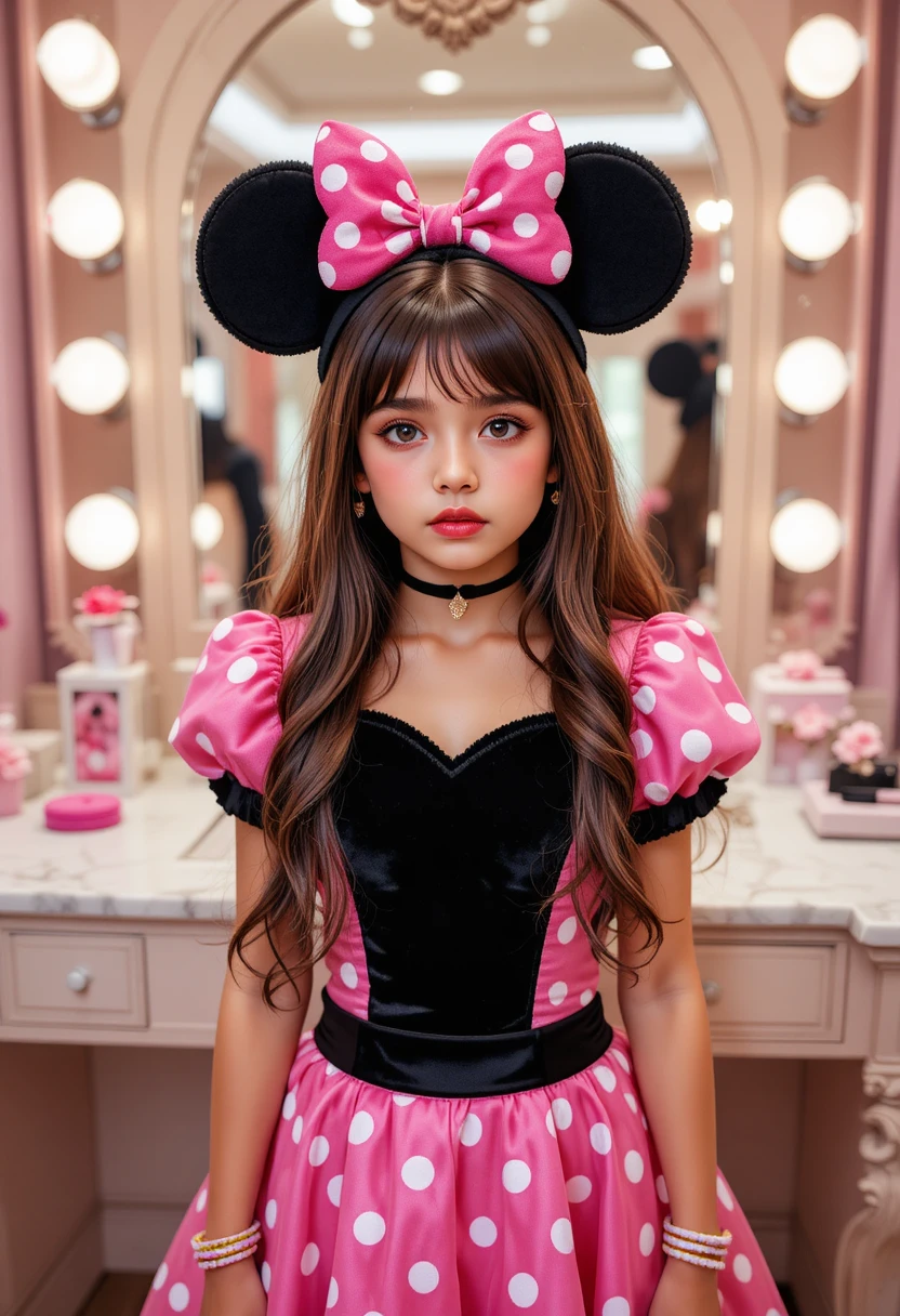 Nervöser Tween-Junge im Minnie-Maus-Outfit an einer Boutique-Schminkkommode