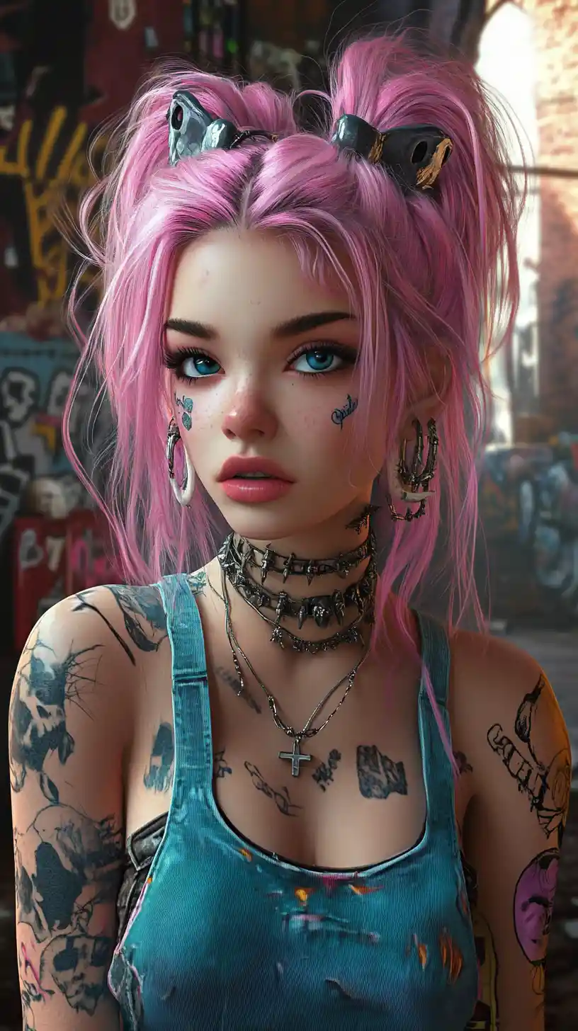 Pixar punk goth woman with tattoos in eerie cemetery